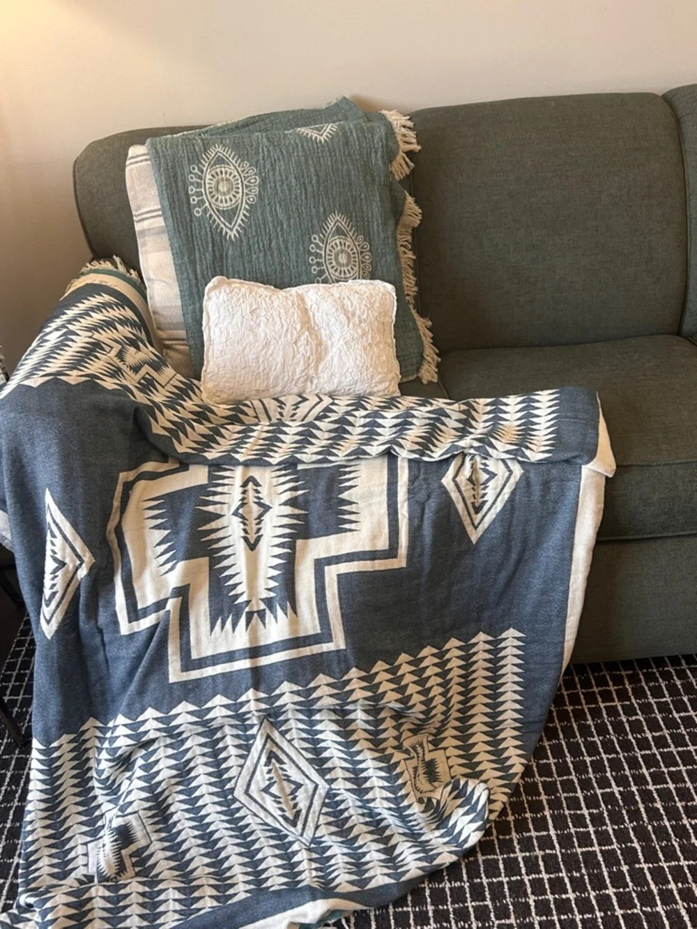 Woven Outdoor Indoor Blanket SxSW TH 2 Side Native Pattern Blue + Natural